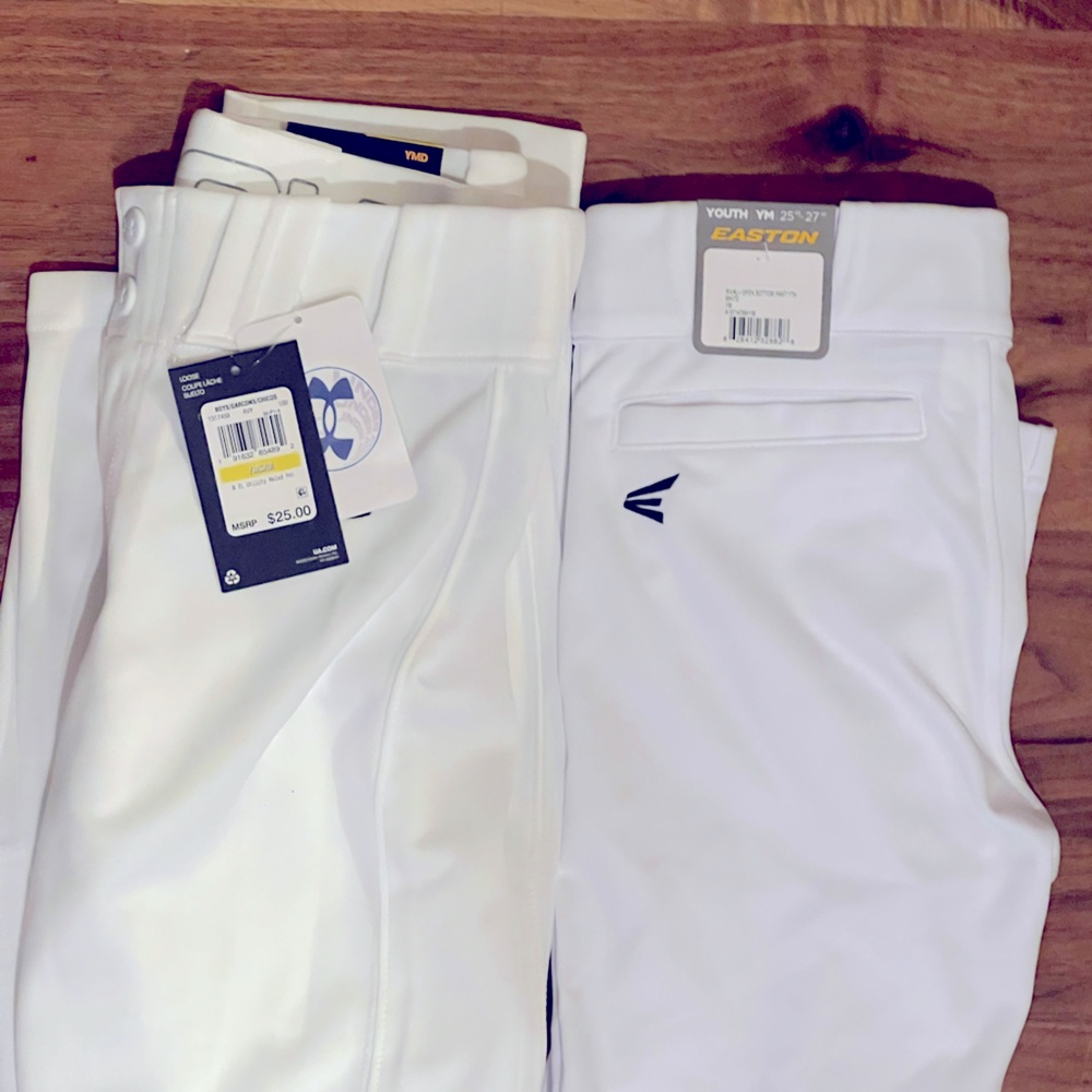 TWO pairs white M baseball pants- *brand new* tags on. Under Armour and Easton